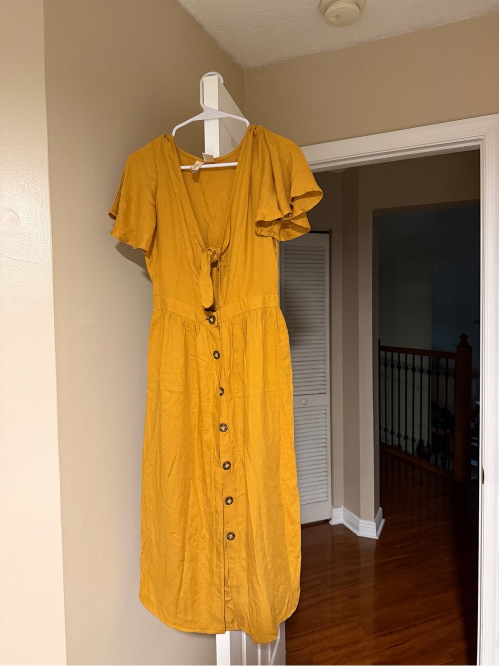 Mustard Yellow Button-Front Tie-Front Midi Dress